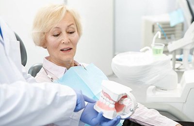 Implant dentist in Brownstown explaining dental implants to woman